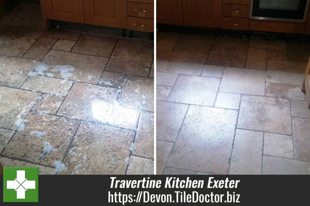 Dirty Travertine Kitchen Tiles Burnished and Sealed in Exeter