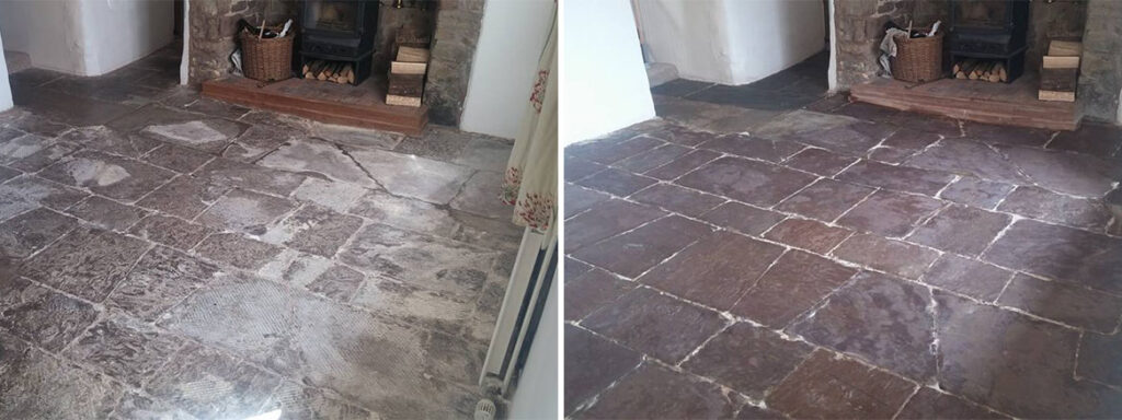 Limestone Flagstone South Molton Before and After cleaning